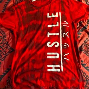 Red, black, and white T shirt. Japanese words